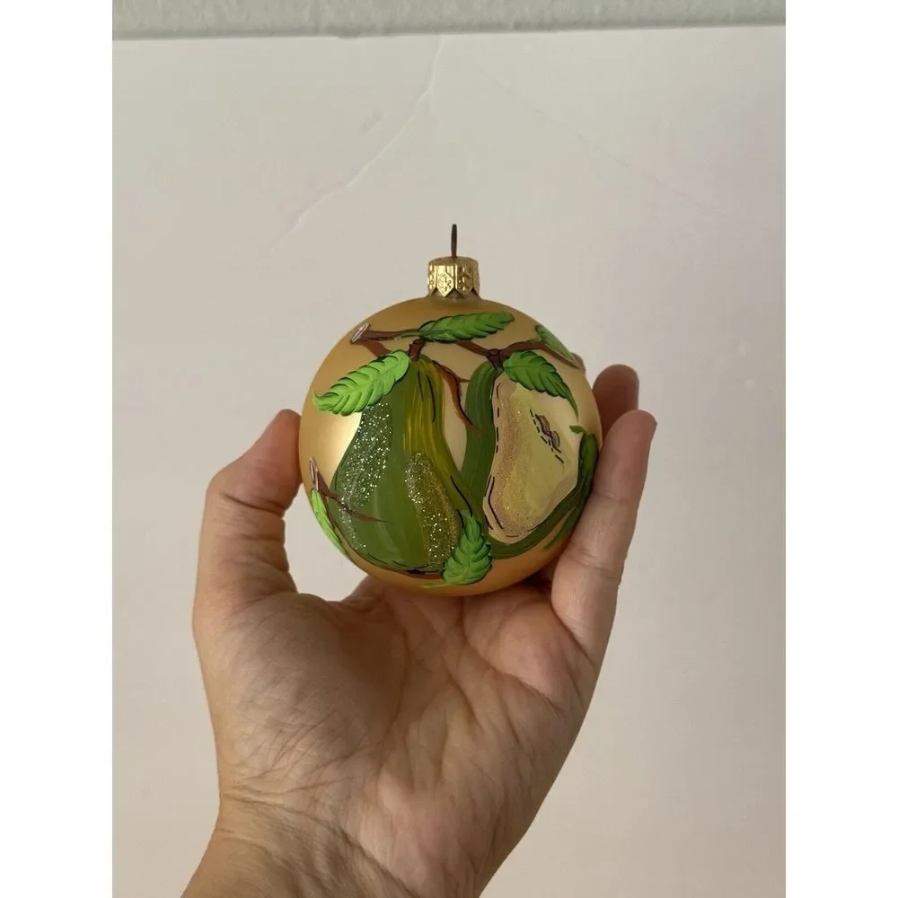 Vtg Christmas Ornament Hand Painted Pear Fruit Gold Glitter Sugared Frosted Gold